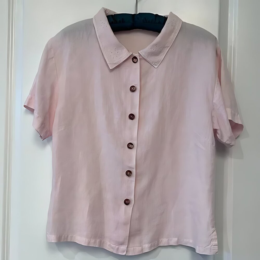 Women's Pink Cotton Short Sleeve Blouse Top